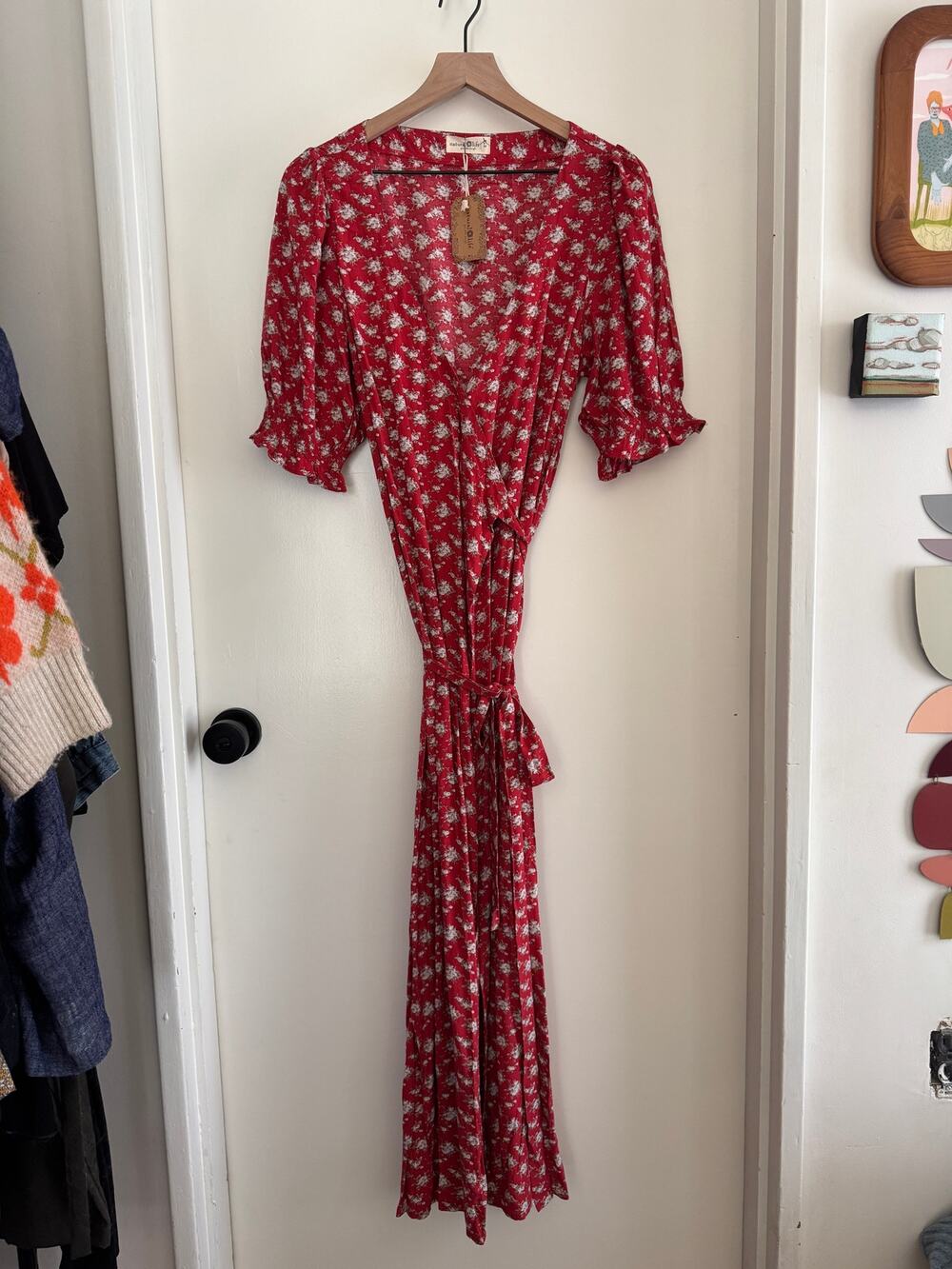 New NATURAL LIFE midi red floral Sophia WRAP dress - L